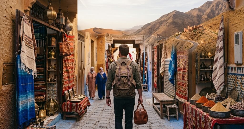 Traveler exploring Morocco with a backpack and travel bag