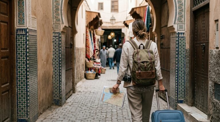Traveler preparing for a trip to Morocco with a backpack and suitcase