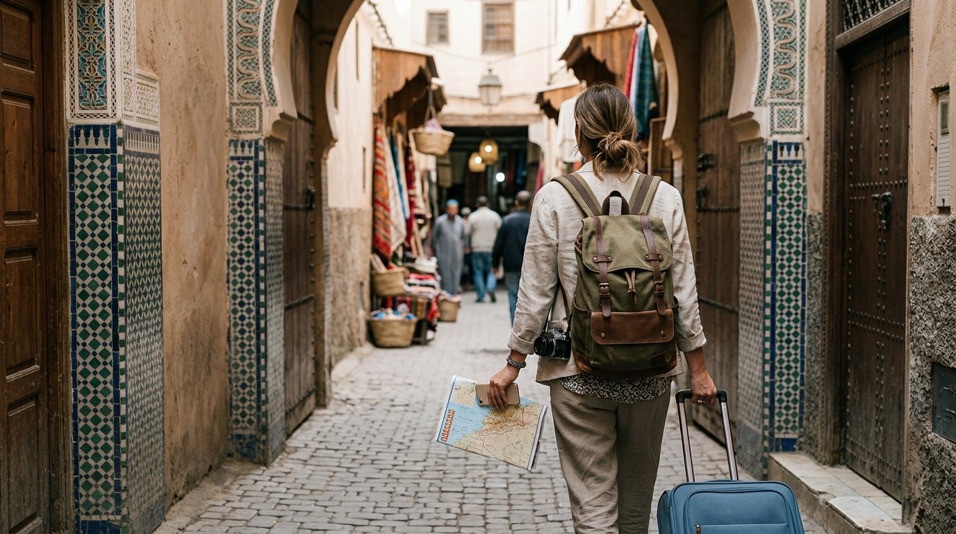 Traveler preparing for a trip to Morocco with a backpack and suitcase